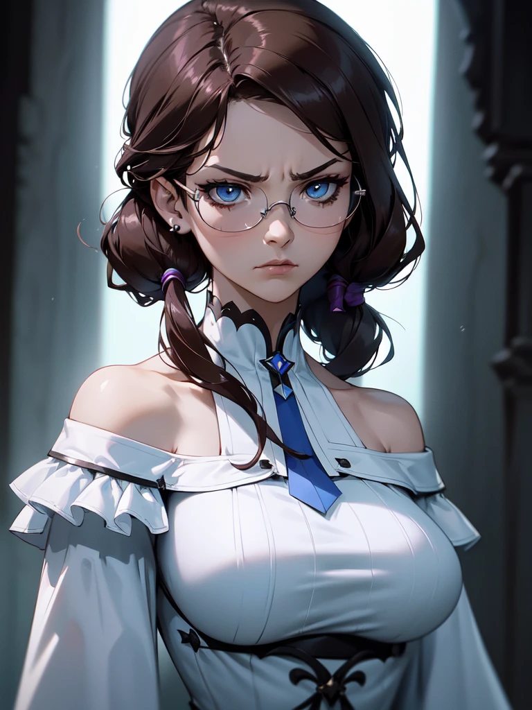 (((Portrait Photo))), She has the Appearance of a Regal Teenager, with a Strong, Muscular Build that Commands Attention. Her Long, Dark Brown Hair Tied in a High, Oversized Ponytail. Her Light Blue Eyes, Framed by Long Lashes, Exude a Fierce Intensity, Reflecting a Stormy Determination and a Hint of Fury. Her Expression is Stern and Resolute, with a Tense Jaw and Piercing Gaze, Conveying a Sense of Heavenly Pride and a Bad Temperament. (((Dark Background))), (((Portrait Photo))), (((Clear Glasses))), (((White Off-the-Shoulder Blouse Accentuates Her Large Bust))), (((Very Serious Expression)))