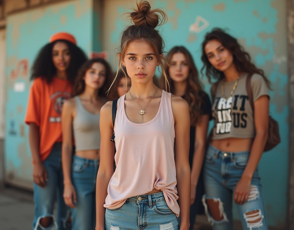 Photo of a teenage girl in skater fashion and her male and female friends. Everyone is wearing a tank top