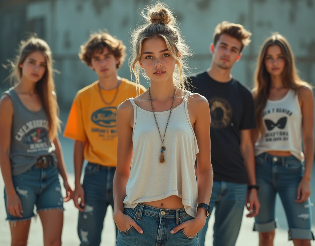 Photo of a teenage girl in skater fashion and her male and female friends. Everyone is wearing a tank top