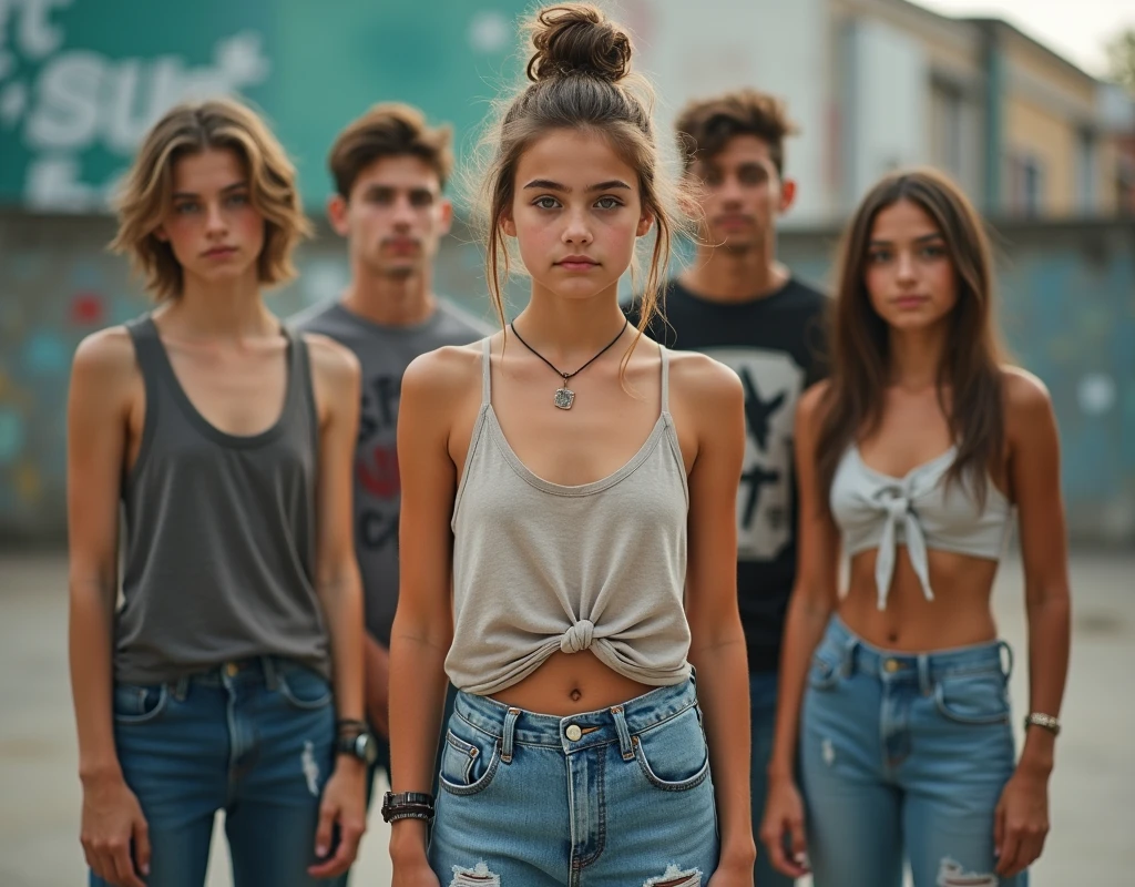 Photo of a teenage girl in skater fashion and her male and female friends. Everyone is wearing a tank top