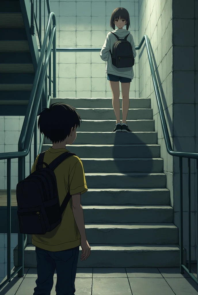 A boy staring a girl who's in upstair, by wearing a bag standing in downstair and the stairs are metro station stairs 