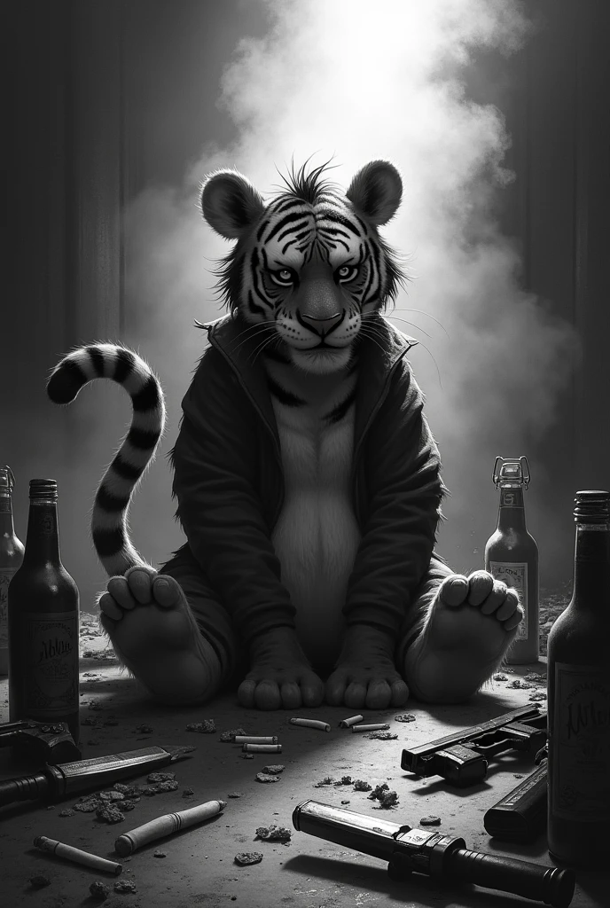 Tigger with lots of cigarettes, beer, lots of guns, knives, lots of smoke, black and white, stealing and killing 