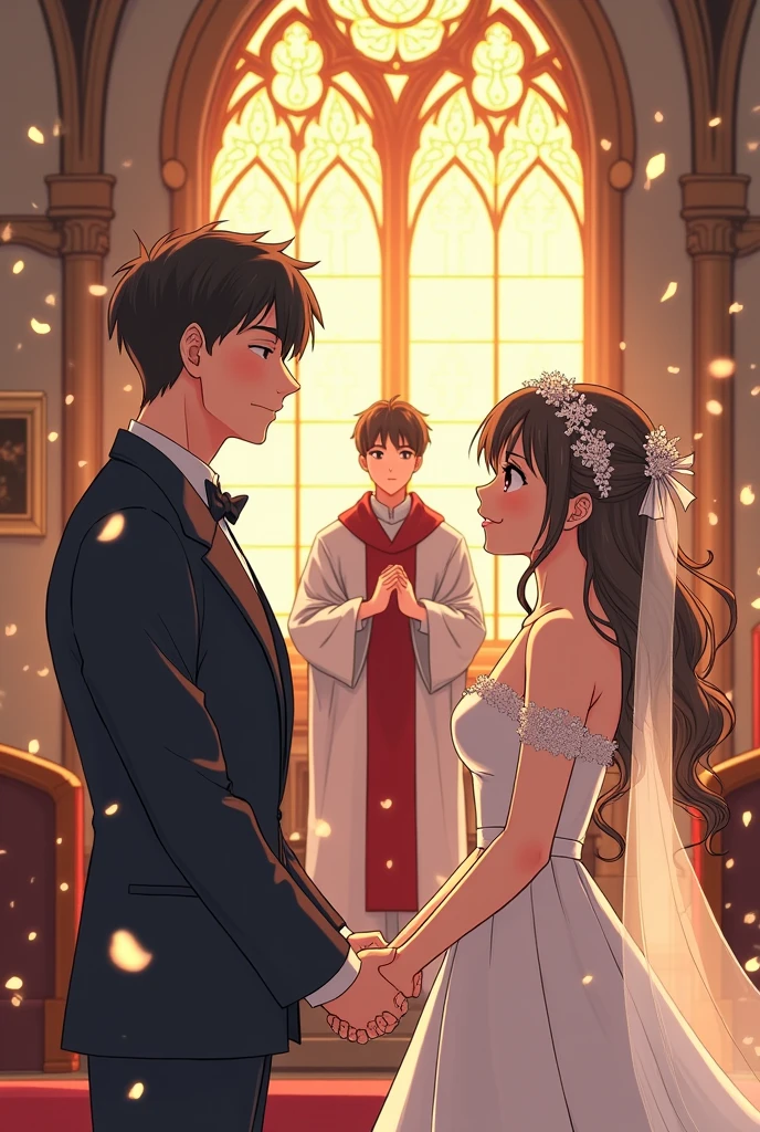 (anime style comic)
Panel 1:
* Scene: A grand, ornate church interior. The bride and groom kneel at the altar, hands clasped. A stained glass window depicts a dove.
Panel 2:
* Scene: Close-up of the groom's face, eyes closed in prayer.
Panel 3:
* Scene: The priest holds up the couple's joined hand. Their gold wedding rings glisten.
* Priest: "May your love be as enduring as this ring."
Panel 4:
* Scene: The newlyweds, now standing, share a tender kiss as confetti falls.