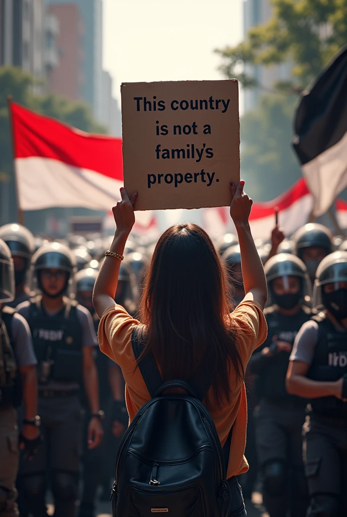 (photorealism:1.2), beautiful woman, standing with a large papper with text "INI NEGARA BUKAN MILIK KELUARGA", at the demonstran crowded infront of the shields police line,indonesian flag, black flag, concert, so many man and women at the demo