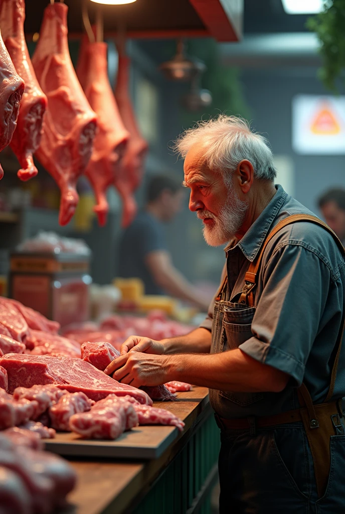 Meat market shop 55 years engineer clothes talk with