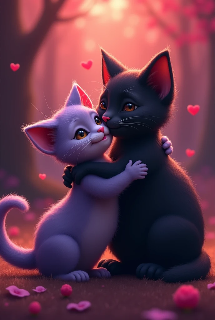 Little Purple cat female hug kiss with soft smile black cat picture size 16:5 , with red purple background  
