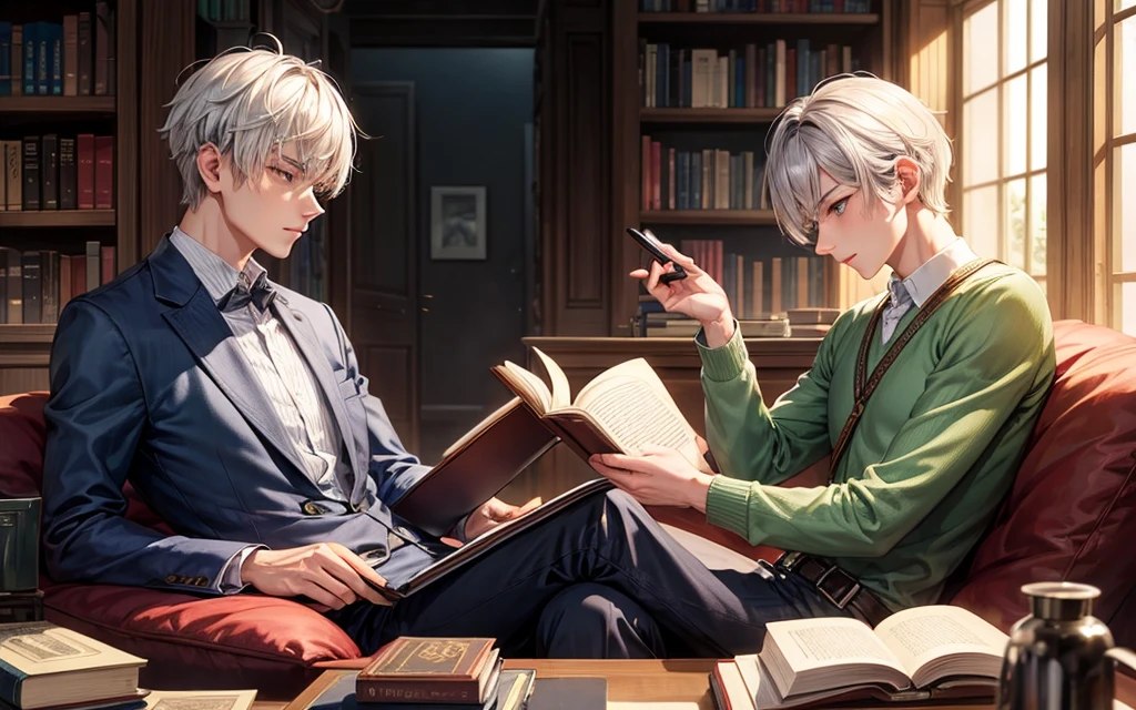 A man with short silver hair and slanted eyes is reading a book alone