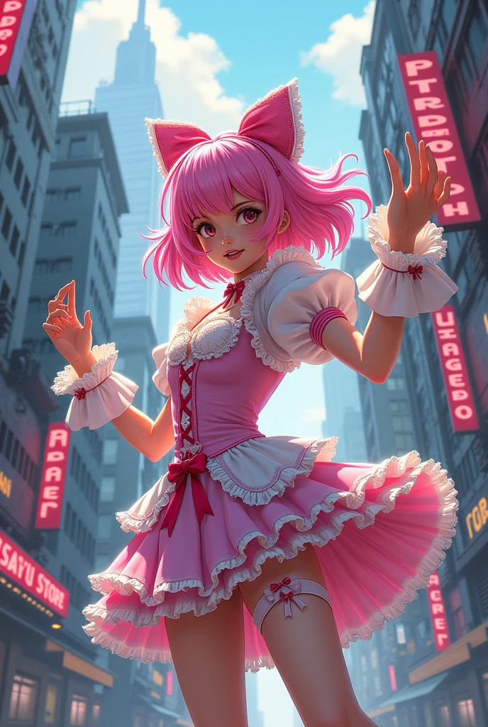 Sun Man2D,穿着洛丽塔风格衣服的魔法Girl正在战斗,Urban battles,Pink Hair,Girl