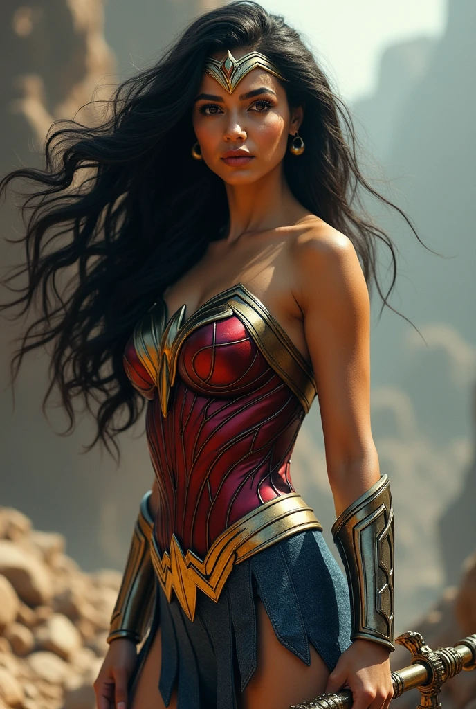 Shraddha Kapoor as Wonder Woman with silky hair and having penis like structure in hand