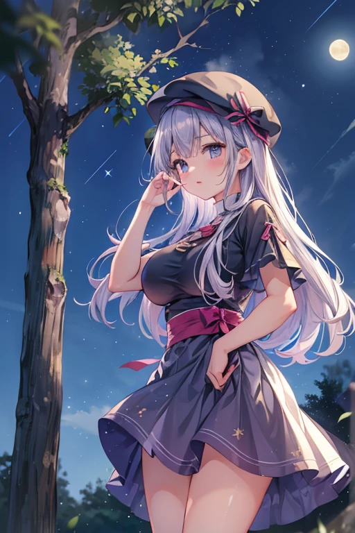 (masterpiece, best quality, 16K, absurdres:1.3), (a girl, kawaii:1.2), beret, slender, (large breasts, beautiful breasts:1.3), (Poses that emphasize the breasts:1.3), semi long, silver hair, fair skin, , undone clothing, japanese idol, delicate facial features, in the park, with a tree, at night, with a full moon, with a starry sky, ((depth of field)), raw photo, cel anime, (full body) shot, from below, soft-edged