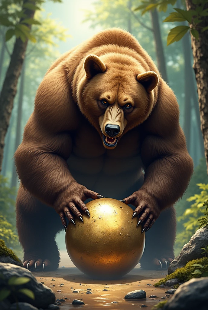 the bear trying to lift the shiny stone , with visible effort in his expression.