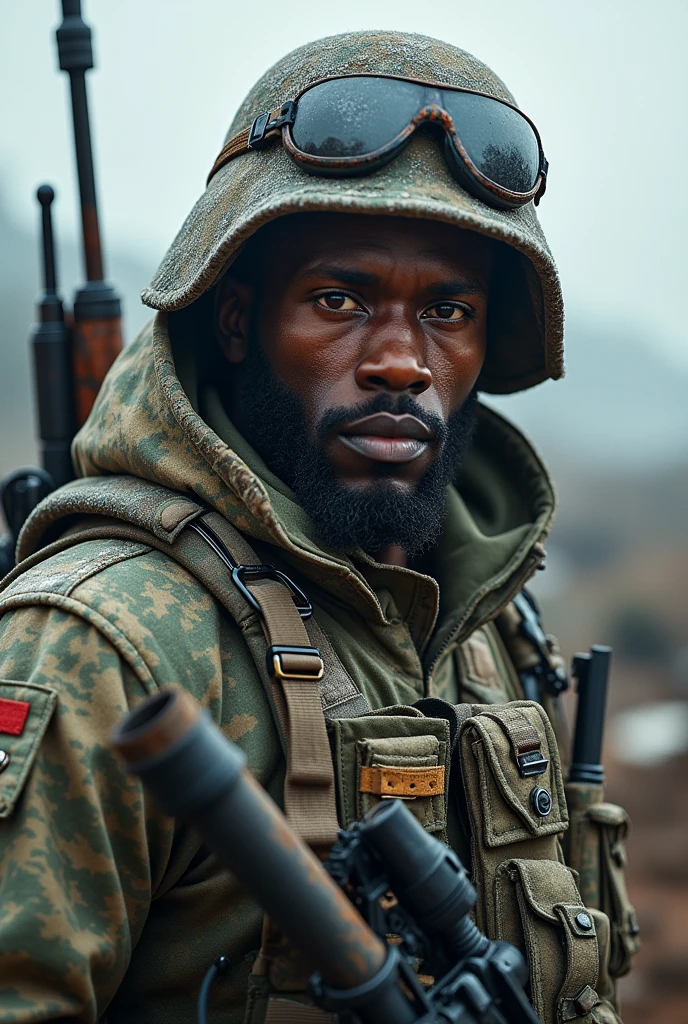 1 men, (African soldiers), with badges, snow camouflage soldier uniform, detailed lines, gorgeous face, upscale:4x, gun, in neck, masculine, war background,
