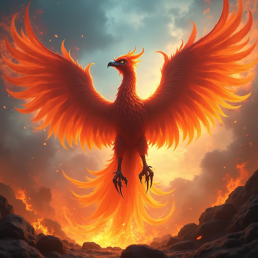 Mystical Phoenix、Detailed burning flame bird、Detailed rainbow flames、Sharp and detailed claws、Thick and huge_Detailed feet、Detailed large wings、Exquisite detail、Dramatic lighting、Cinematic pose、Majestic wings spread、Burning embers、Swirling smoke、Vibrant colors、(best quality,4K,8k,highres,masterpiece:1.2),ultra-detailed,(realistic,photorealistic,photo-realistic:1.37),cinematic,dramatic lighting,vivid colors,ornate,highly detailed phoenix,intense fire effects,dramatic angles,sweeping wingspan,powerful presence