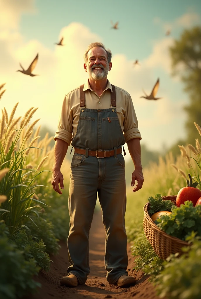 **The farmer standing up with a relieved and joyful expression, as his problems are magically resolved.**