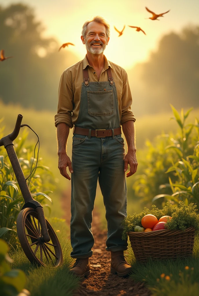 **The farmer standing up with a relieved and joyful expression, as his problems are magically resolved.**