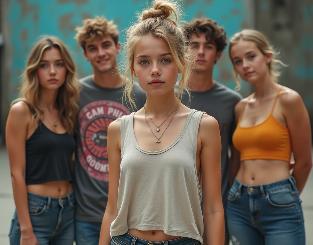 Photo of a age girl in skater fashion and her male and female friends. Everyone is wearing a tank top