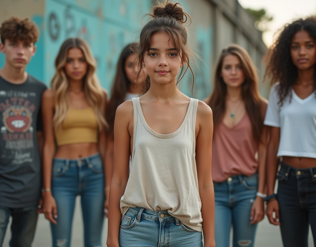 Photo of a  girl in skater fashion and her male and female friends. Everyone is wearing a tank top