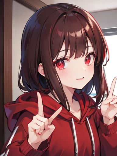 Dark brown hair red hooded hoodie Upper Body semi-long Girl Red Eyes smile Making a peace sign Inside the room