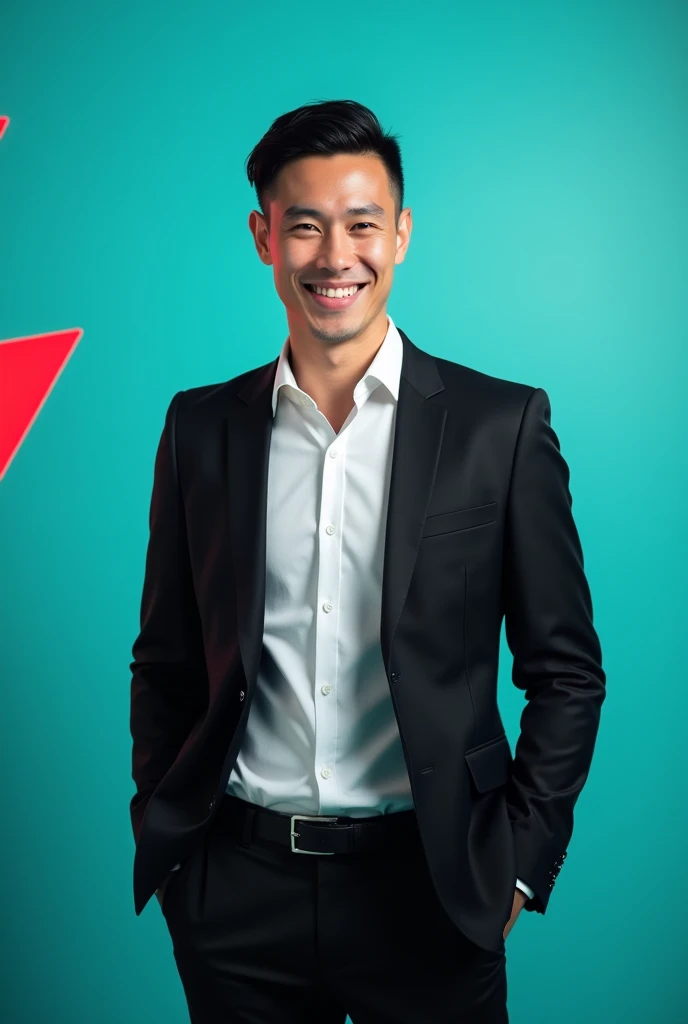 a young white man with dark hair and a confident smile. He is dressed in a black blazer over a white Shirt. This man is position Against aqua colour blackdrop with a subtle red lightning on the left site.and he posting for linkedln profile.