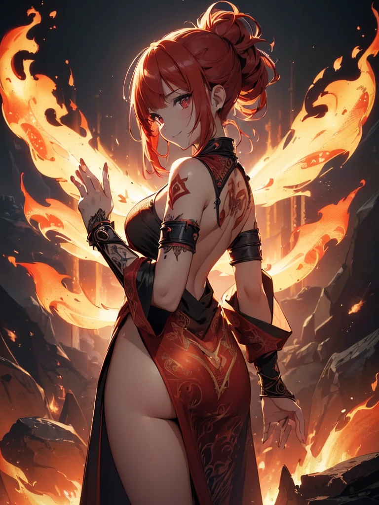 (((best quality, sharp image, clear image, cinematic lighting, 8k resolution, masterpiece, ultra detailed, intricate))) Girl, ((shot from behind)), ((close up)), look at viewer, fire mage, ((intricate background)), ((chaotic background)), red hair, smiling, ((flame runes, flame sigils)), (tatoo on back), slim figure, flying sigils, long dress, cute