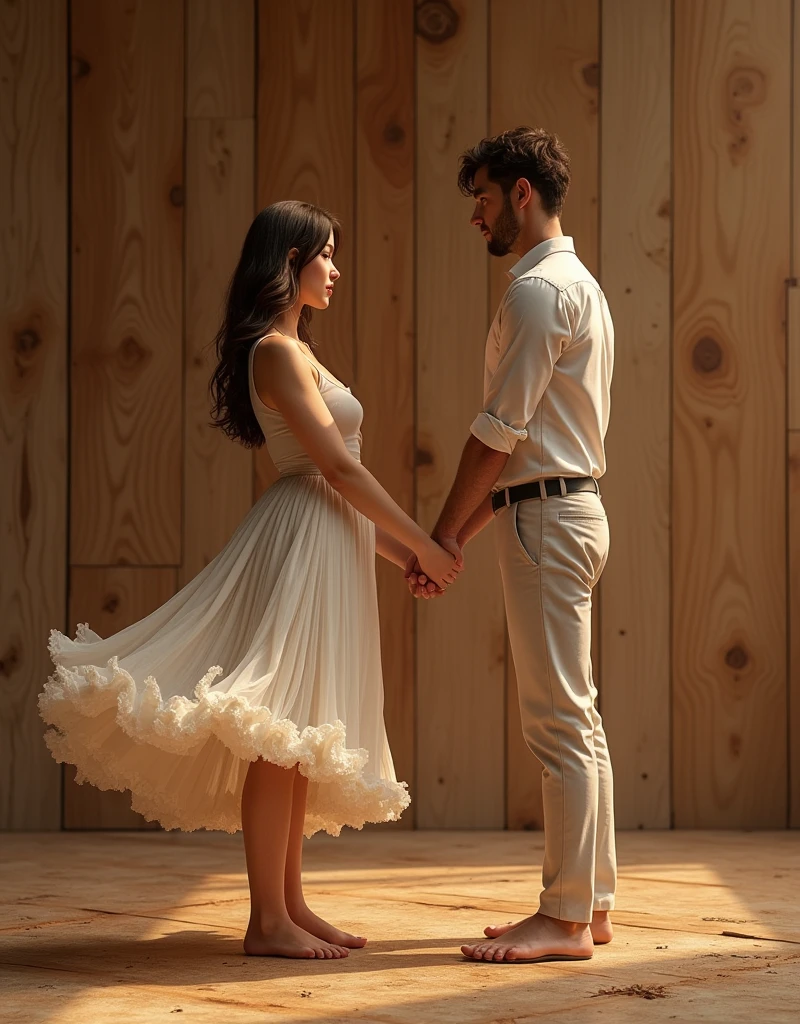 A woman and a man holding hands. A woman wearing a cylinder skirt. A wooden background.
