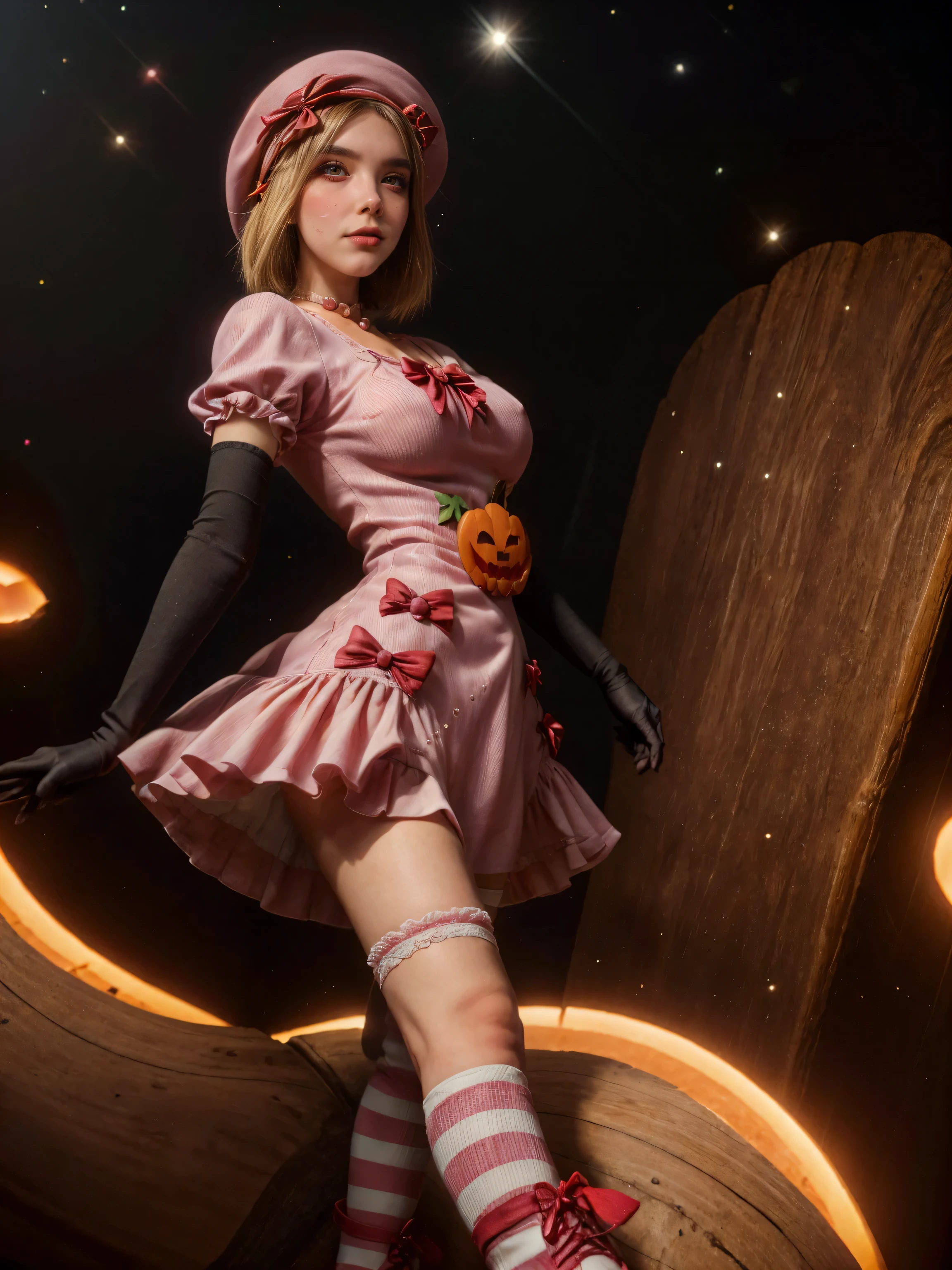 (1 lady), The beautiful, (Best quality at best:1.4), (ultra - detailed), (extremely detailed CG unified 16k), gold blonde hair, very detailed, High-definition RAW color photo, professional photoshooting, amazing face and eyes, cosmetics, (amazingly beautiful girl), ((lambdadelta, taller, tall woman)), ((dress, shoes bow, red shoes, striped stockings, red bow, pink hat, necklace, gloves, pearl, pumpkin brooch, pink dress)), levitating in a cute posture (floating in the air), (She's levitating in a cosmic sea, outer space:1.3, quantum hyperspace room lacking walls, hyperspace chamber, extremely detailed background, a lot of details background, realistic background), (look from above), realistic cinematic face, head to feet long wide zoomed out view, full body long view, photorealistic, ((realistic natural blonde hair style, red eyes)), gorgeous, extremely beautiful face, perfect model beauty, pout mouth, Highly Detailed Face and Skin Texture, Detailed Eyes, Double Eyelids, Big Breasts, Persistent Stare, Faith Trance, (mystical stare, looking eternity), (masterpiece), best quality, high resolution, depth of field, cinematic lighting, amazing legs, pink combat boots, clear and well-cared skin, bethcast
