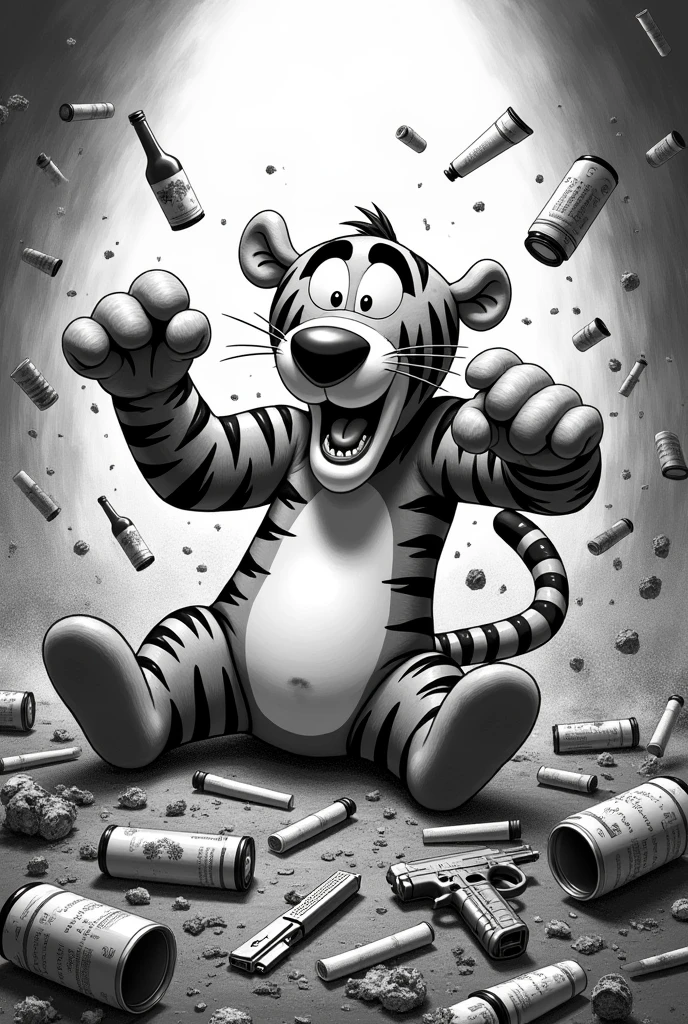 Tigger fighting with many cigarettes, beer, many guns, knives, a lot of smoke, black and white, stealing and killing