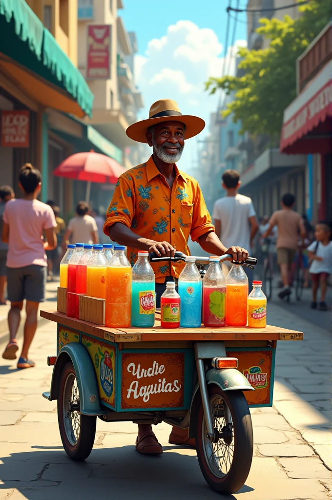 Dark-skinned man selling flavored water on a tricycle on the street with the name UNCLE AGUITAS