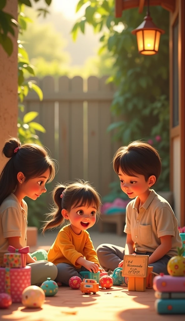 outside with her parents in a little house playing with toys and there are many gifts and there is a sign next to her that says El Rinconcito De Jeimy