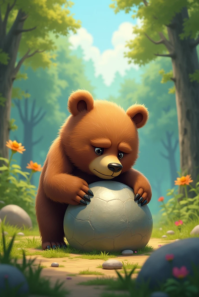 The little bear trying to lift the shiny stone , with visible effort in his expression.