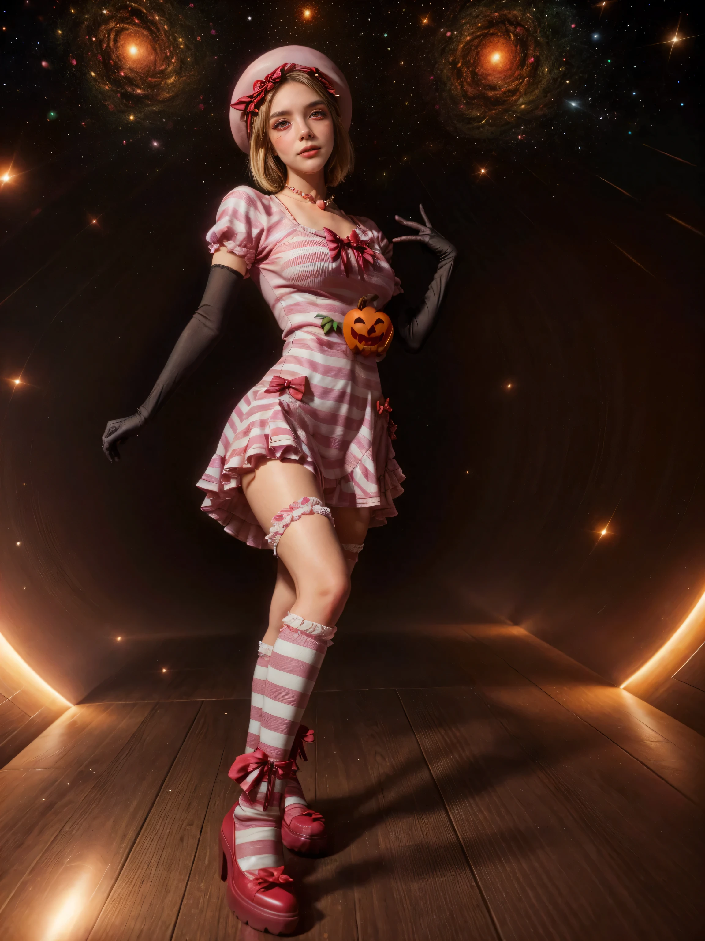 (1 lady), The beautiful, (Best quality at best:1.4), (ultra - detailed), (extremely detailed CG unified 16k), gold blonde hair, very detailed, High-definition RAW color photo, professional photoshooting, amazing face and eyes, cosmetics, (amazingly beautiful girl), ((lambdadelta, taller, tall woman)), ((dress, shoes bow, red shoes, striped stockings, red bow, pink hat, necklace, gloves, pearl, pumpkin brooch, pink dress)), levitating in a cute posture (floating in the air), (She's levitating in a cosmic sea, outer space:1.3, quantum hyperspace room lacking walls, hyperspace chamber, extremely detailed background, a lot of details background, realistic background), (look from above), realistic cinematic face, head to feet long wide zoomed out view, full body long view, photorealistic, ((realistic natural blonde hair style, red eyes)), gorgeous, extremely beautiful face, perfect model beauty, pout mouth, Highly Detailed Face and Skin Texture, Detailed Eyes, Double Eyelids, Big Breasts, Persistent Stare, Faith Trance, (mystical stare, looking eternity), (masterpiece), best quality, high resolution, depth of field, cinematic lighting, amazing legs, pink combat boots, clear and well-cared skin, bethcast