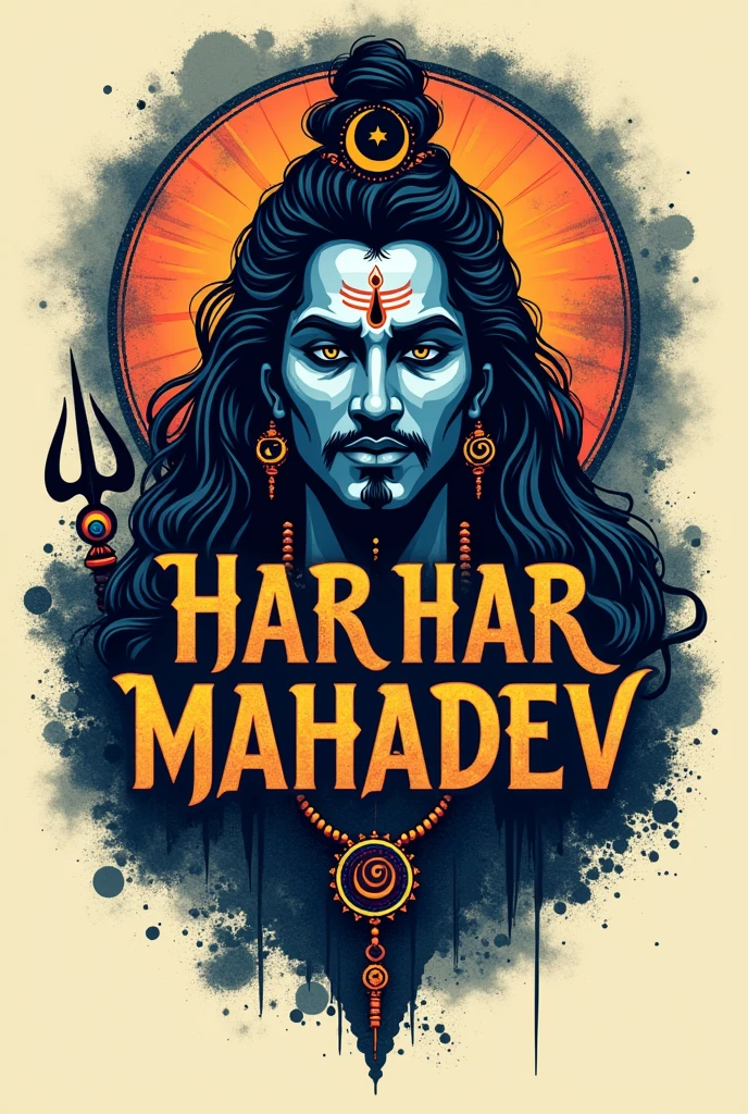 "Design a striking t-shirt featuring the mantra 'Har Har Mahadev' as the central element, using bold and creative typography. The text should have a powerful, almost calligraphic feel, with each letter infused with the essence of Shiva. Play with depth and layering, incorporating subtle gradients or shadows to make the typography stand out. Surround the text with minimalist line art symbols like the trident (Trishul), crescent moon, and Rudraksha beads, all rendered in a way that complements the text without overpowering it. Use a color palette that’s rich and contrasting, like deep indigos and vibrant oranges, to make the design pop and give it a divine energy that’s both modern and timeless."