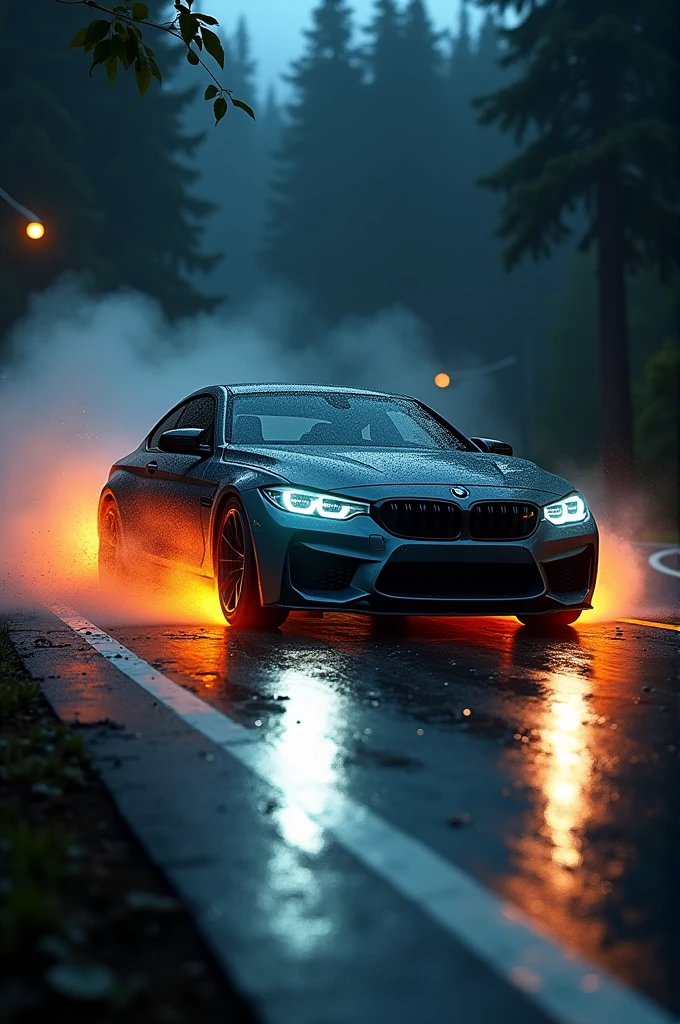 BMW car with burning tires, in the dark while skidding tires