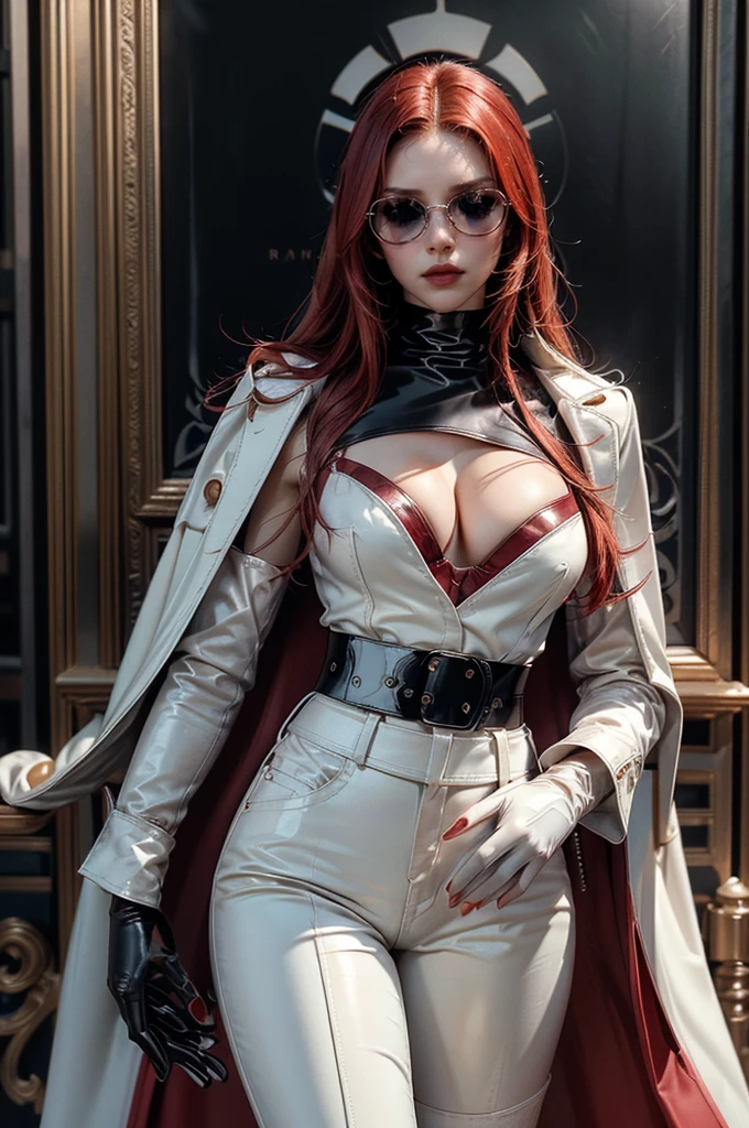 [cowboy shot], a beautiful young woman with long red hair, slim body, thin waist, narrow hips, detailed facial features, ((wearing high quality high waist black leather pants)), ((a formal white colored silk shirt with cleavage and long sleeves)), ((a white fur coat on shoulders)), ((red lining)), ((luxury waist belt)), ((slightly red tinted glasses)), ((black latex gloves)), ((expensive reflective silk scarf)), holding a handbag, hand on waist, (best quality,4k,8k,highres,masterpiece:1.2),ultra-detailed,(realistic,photorealistic,photo-realistic:1.37),high fashion,editorial,dramatic lighting,cinematic,vivid colors,intricate details, glamorous