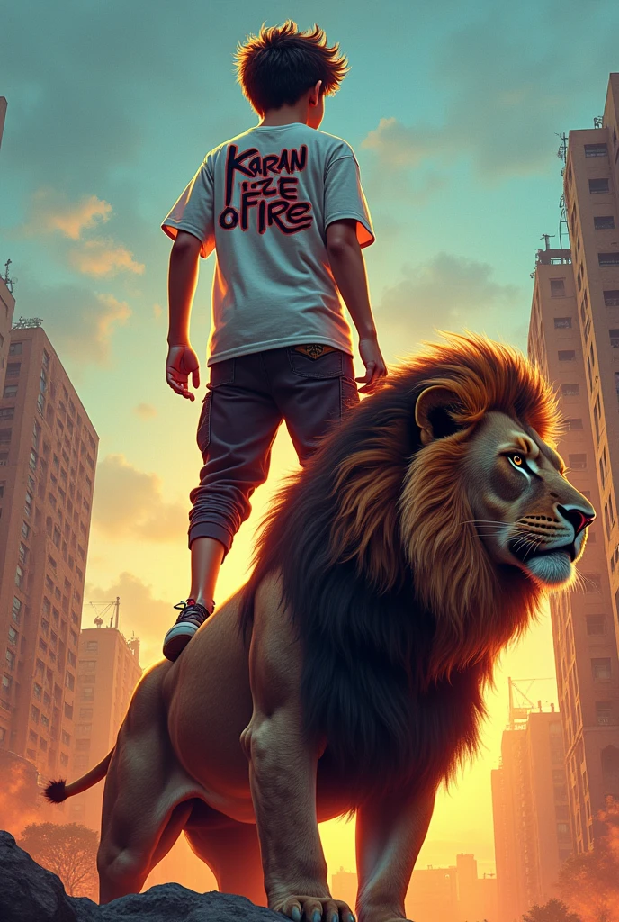 A 15 year boy wearing Hip Hop Bundle of free fire at the back of the shirt it should be written Karan. And the boy is standing on the top lion,face should be hidden