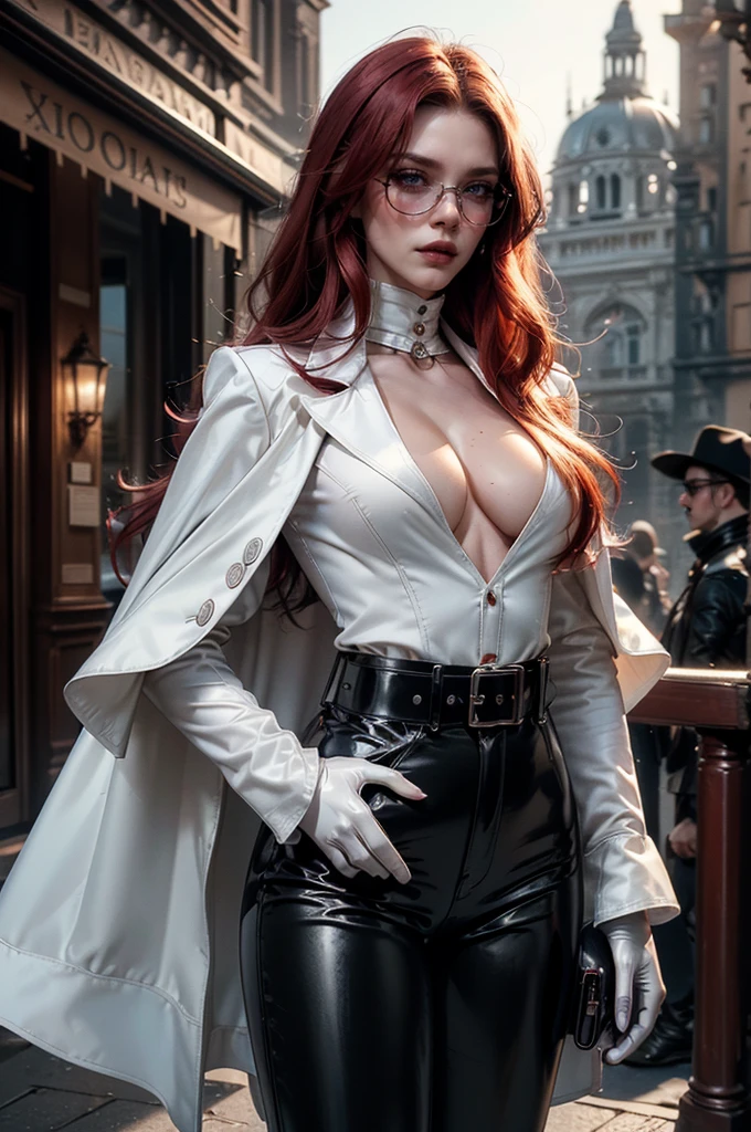 [cowboy shot], a beautiful young woman with long red hair, slim body, thin waist, narrow hips, detailed facial features, ((wearing high quality high waist black leather pants)), ((a formal white colored silk shirt with cleavage and long sleeves)), ((a white fur coat on shoulders)), ((red lining)), ((luxury waist belt)), ((slightly red tinted glasses)), ((black latex gloves)), ((expensive reflective silk scarf)), holding a handbag, hand on waist, (best quality,4k,8k,highres,masterpiece:1.2),ultra-detailed,(realistic,photorealistic,photo-realistic:1.37),high fashion,editorial,dramatic lighting,cinematic,vivid colors,intricate details, glamorous