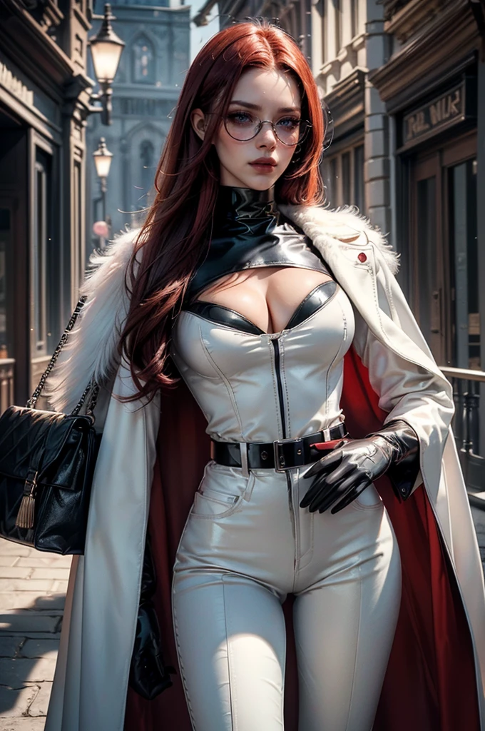 [cowboy shot], a beautiful young woman with long red hair, slim body, thin waist, narrow hips, detailed facial features, ((wearing high quality high waist black leather pants)), ((a formal white colored silk shirt with cleavage and long sleeves)), ((a white fur coat on shoulders)), ((red lining)), ((luxury waist belt)), ((slightly red tinted glasses)), ((black latex gloves)), ((expensive reflective silk scarf)), holding a handbag, hand on waist, (best quality,4k,8k,highres,masterpiece:1.2),ultra-detailed,(realistic,photorealistic,photo-realistic:1.37),high fashion,editorial,dramatic lighting,cinematic,vivid colors,intricate details, glamorous