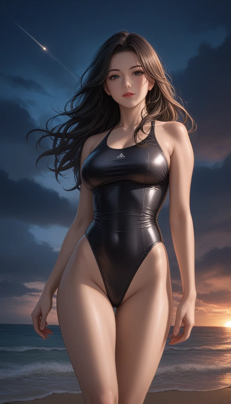 score_9, score_8_superior, score_7_superior, A masterpiece in 32K resolution,Highest quality,it is really amazing,Very detailed,Ultra-high resolution,Ultra-realistic,Realistic,Increased depth of field,Cinematic lighting,
Sexy mature Japan woman,
Glossy black hair,Wavy long hair,Showing his forehead,god々Beautiful,Ultra-detailed and beautiful face,Sensual look,Beautiful dark brown, moist eyes,Pitch black eyes,Glowing, moisturized skin,Translucent white skin,born々New skin texture,Great proportions,
Black high leg swimsuit,
Bold design,born地の詳細な質感,
Dark cloudy sky at night,Dark clouds filling the sky,Thundercloud,Coastline at night,Golden reflections on the sea surface,delay々A desolate sandy beach that continues,
Cinematic Angle,