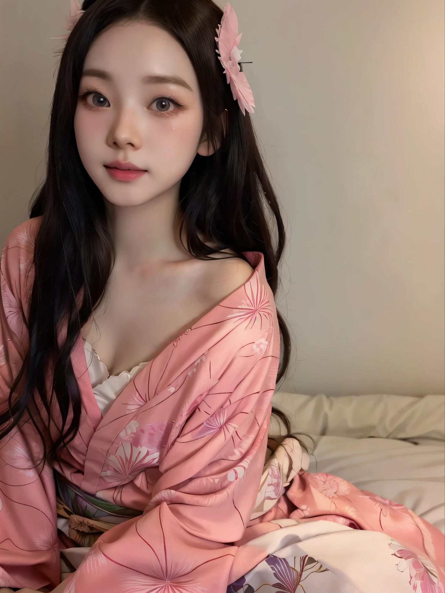 a close up of a woman in a pink robe sitting on a bed, in kimono, japanese goddess, nezuko-chan, anime girl in real life, wearing kimono, japanese model, japanese kimono, nezuko, realistic cosplay, anime girl cosplay, japanese art style, ulzzang, japanese style, in a kimono, korean girl, beautiful japanese girls face