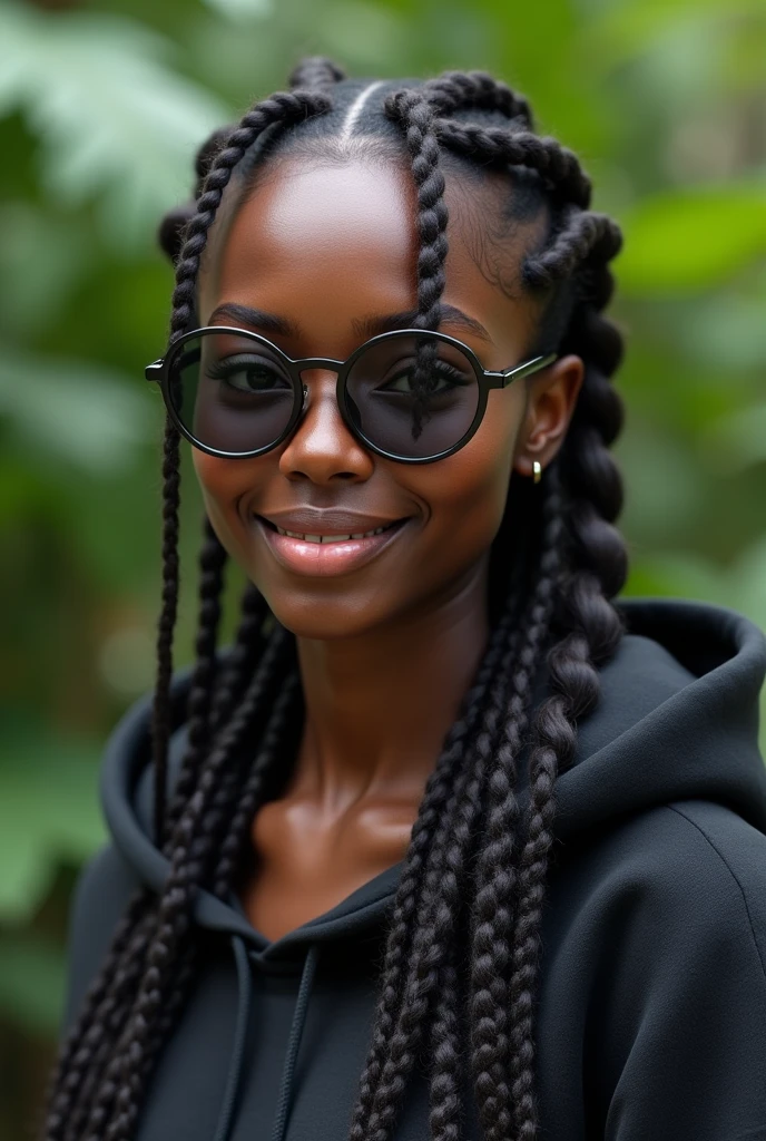 (photorealism:1.2), beautiful Kenyan woman,22 years,small low nose bridge,sharp boobs, oily shiny skin,smiling,wearing a fitting hoodie,long braids,oversized round photo chromatic glasses with grey lenses, standing , realistic indetails,plants in background.red velvet's Irene inspiration