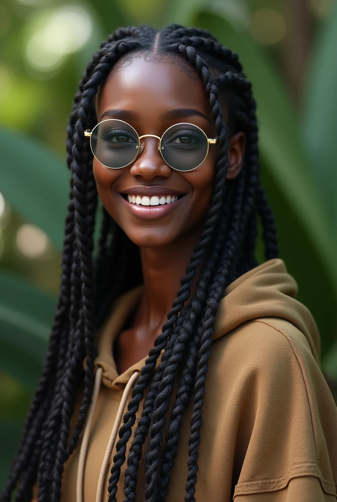 (photorealism:1.2), beautiful Kenyan woman,22 years,small low nose bridge,sharp boobs, oily shiny skin,smiling,wearing a fitting hoodie,long braids,oversized round photo chromatic glasses with grey lenses, standing , realistic indetails,plants in background.red velvet's Irene inspiration