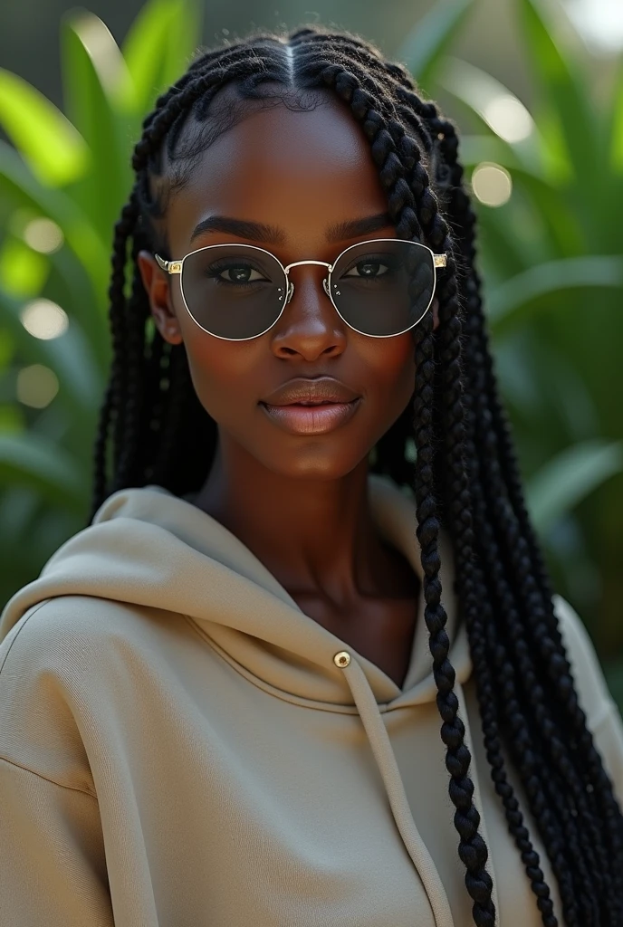 (photorealism:1.2), beautiful Kenyan woman,22 years,small low nose bridge,sharp boobs, oily shiny skin,smiling,wearing a fitting hoodie,long braids,oversized round photo chromatic glasses with grey lenses, standing , realistic indetails,plants in background.red velvet's Irene inspiration