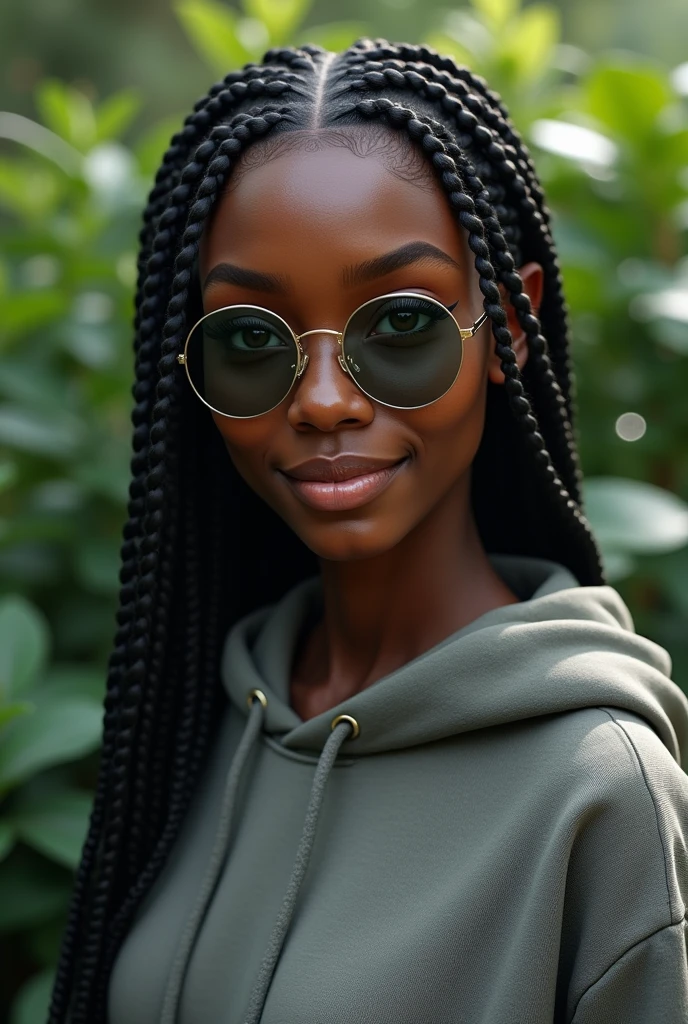 (photorealism:1.2), beautiful Kenyan woman,22 years,small low nose bridge,sharp boobs, oily shiny skin,smiling,wearing a fitting hoodie,long braids,oversized round photo chromatic glasses with grey lenses, standing , realistic indetails,plants in background.red velvet's Irene inspiration
