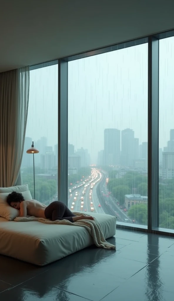 A sleek, modern room with floor-to-ceiling windows showing the cityscape blurred by the heavy rain. The distant hum of traffic and the rain's rhythm provide a soothing backdrop for the hardest nap.