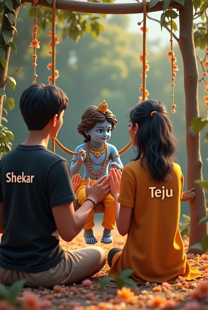 create a 3D realistic picture “2 couple is worshiping Shree Krishna and Shree krishna is sitting on a swing and playing flute and Boy “Shekar” is written on the boy’s black t-shirts and “Teju” is written on girls’s tshirt the cou- ple is worshiping and in the back- ground “Happy Janmashtami” is written in bold font clearly, make sure everything should be correct