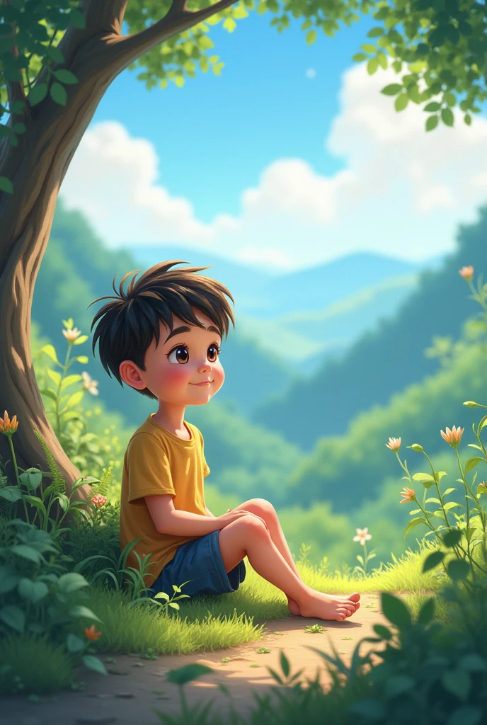 A cute  boy sitting in very peace area with masterpiece nature view