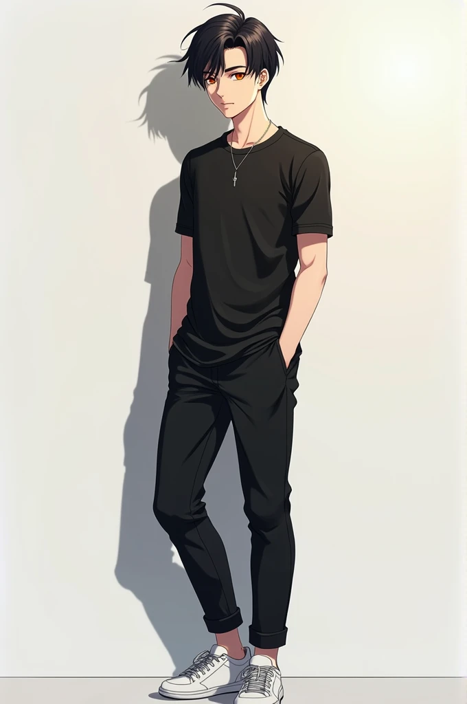Anime handsome boy black t-shirt black pant white sneakers orange eyes