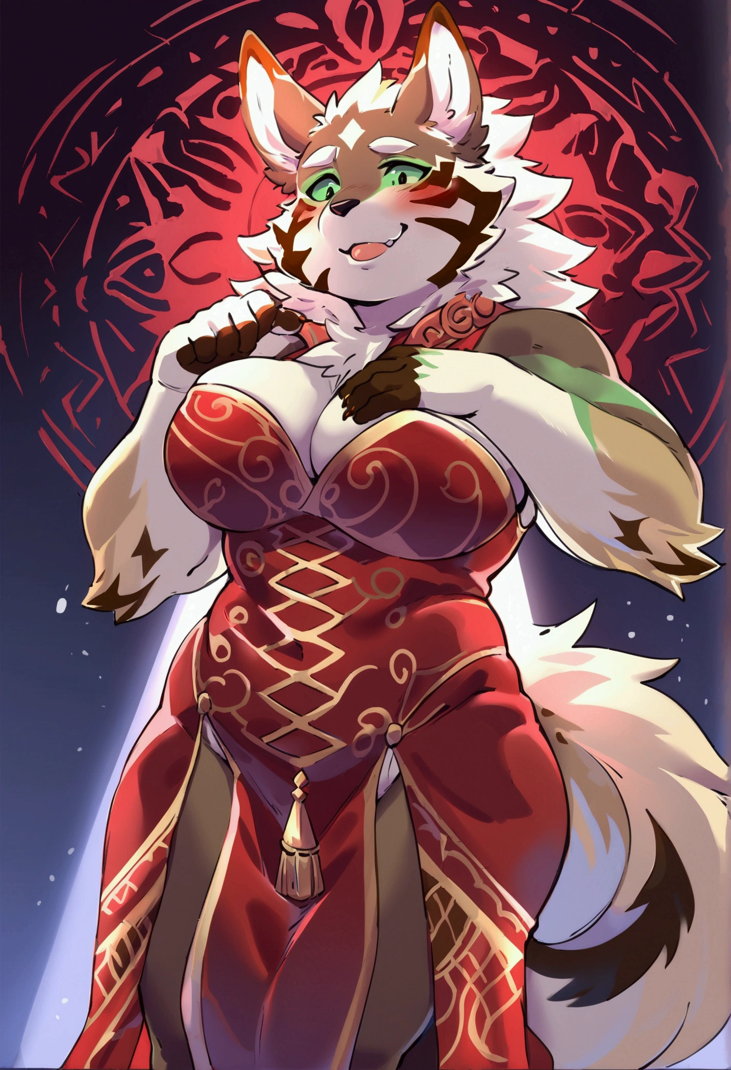 top quality, best quality, by estper, High-quality illustrations, masterpiece), (kemono, furry anthro), very beautiful and detailed body face and eyes, round, 1 female, jackal, Seth, (Tokyo Afterschool Summoners), slightly chubby, mature face, brown furs, fluffy, tail, big breasts, perfect eyes, green sclera eyes, beautiful chinese evening dress, body movement, body twitching, red blushing, clumsy,