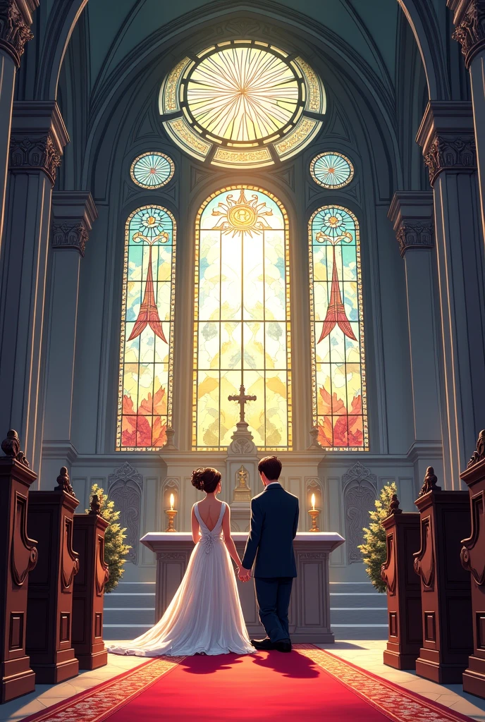 (anime style comic)
A grand, ornate church interior. The bride and groom kneel at the altar, hands clasped. A stained glass window depicts a dove