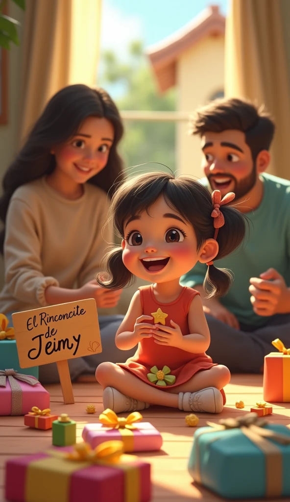 outside with her parents in a little house playing with toys and there are many gifts and there is a sign next to her that says El Rinconcito De Jeimy